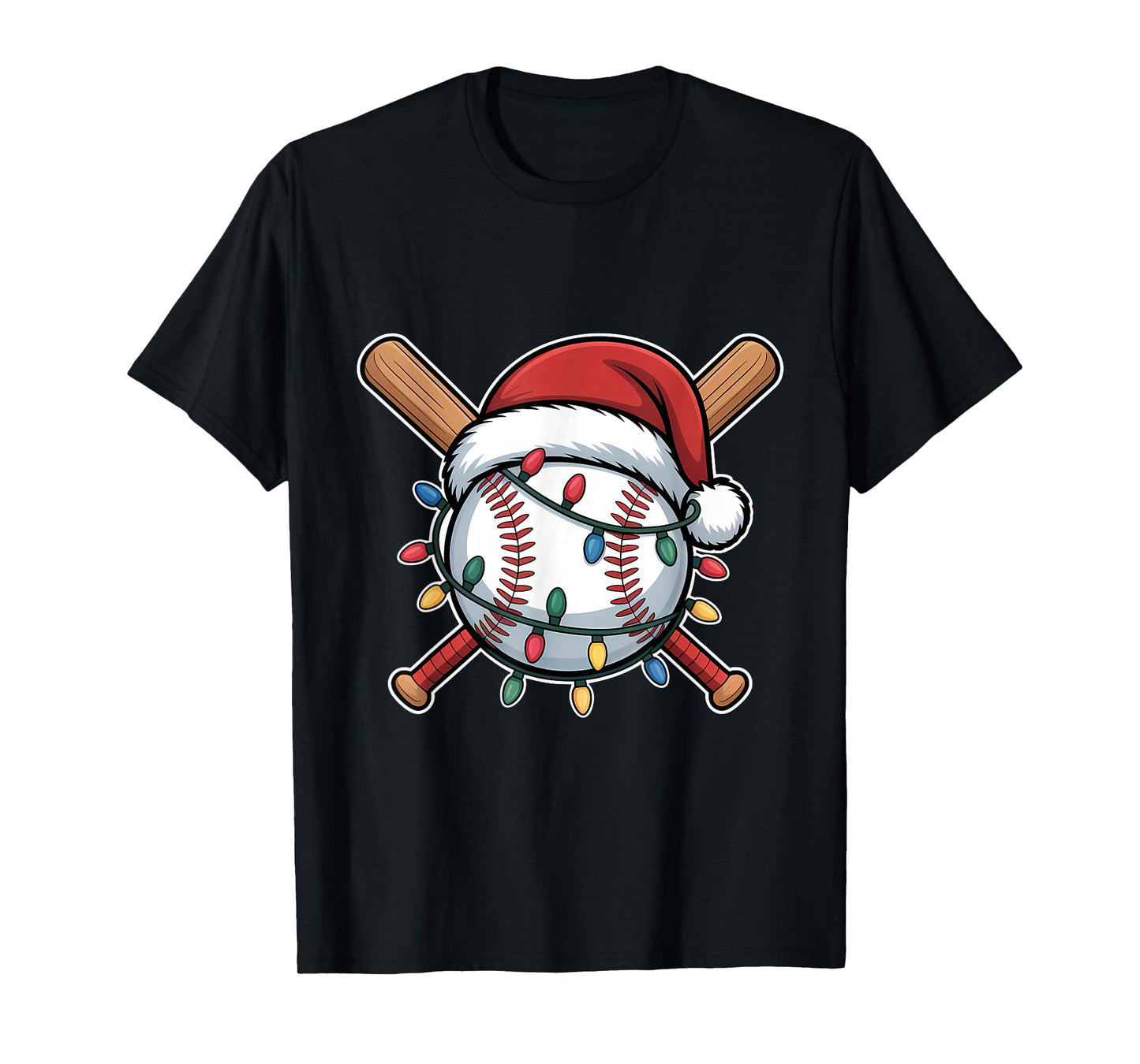 Funny Christmas Baseball Santa Hat Xmas Lights Holiday T-Shirt