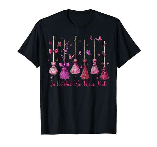 in October We Wear Pink Witch Broom Halloween Breast Cancer T-Shirt