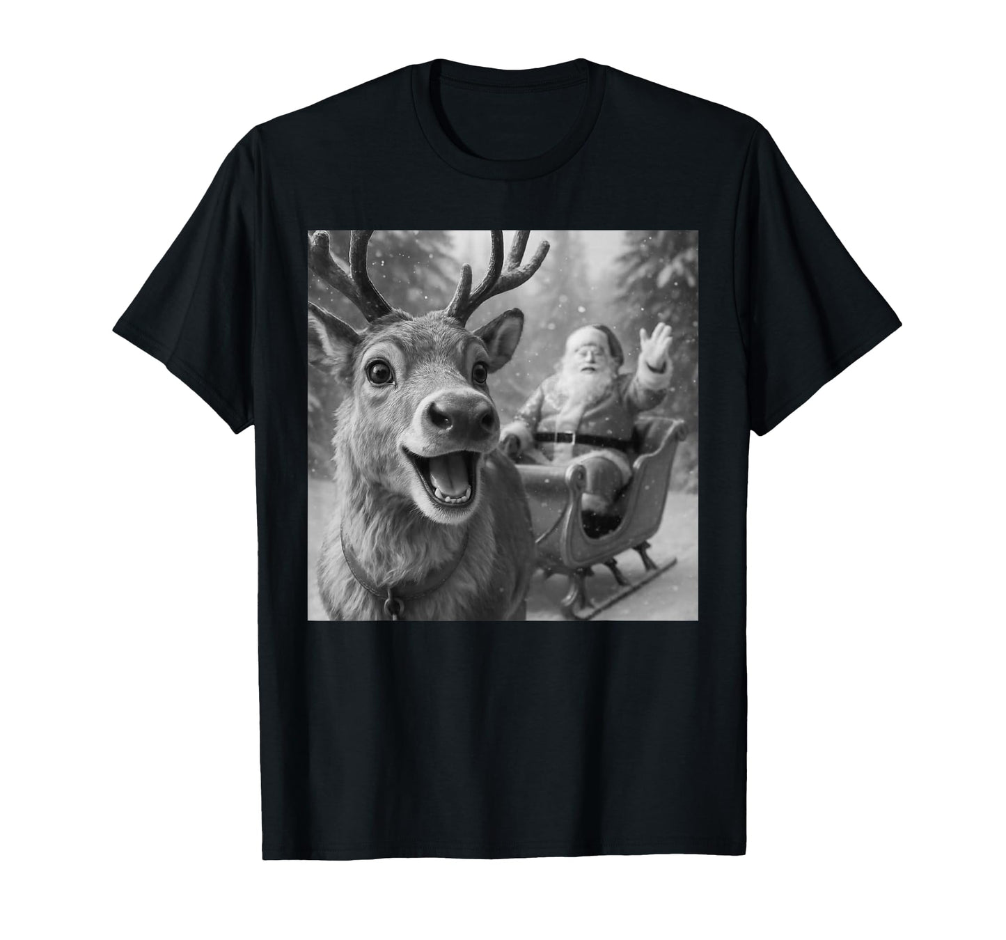 Funny Santa Claus in Sleigh with Reindeer Christmas Holiday T-Shirt