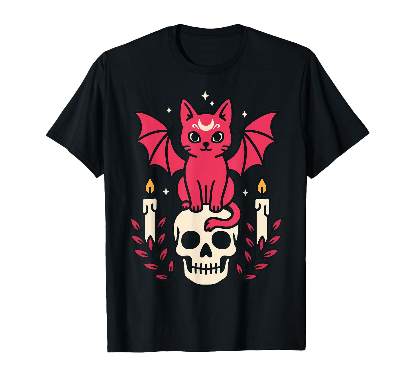 Gothic Bat Cat on Skull Cute Halloween Magic Style T-Shirt