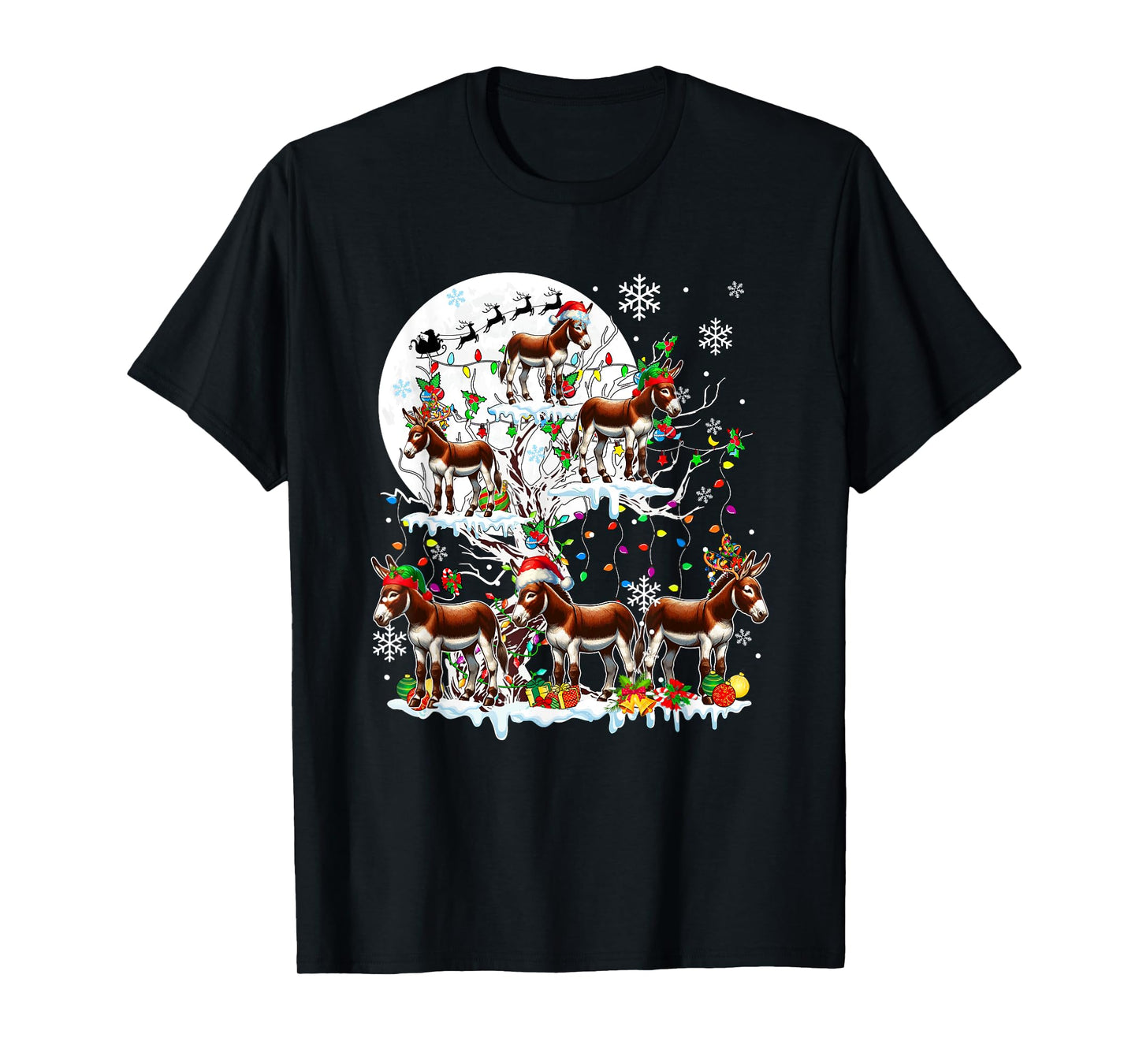Group Santa Reindeer Elf Donkeys On Tree Christmas Snow T-Shirt