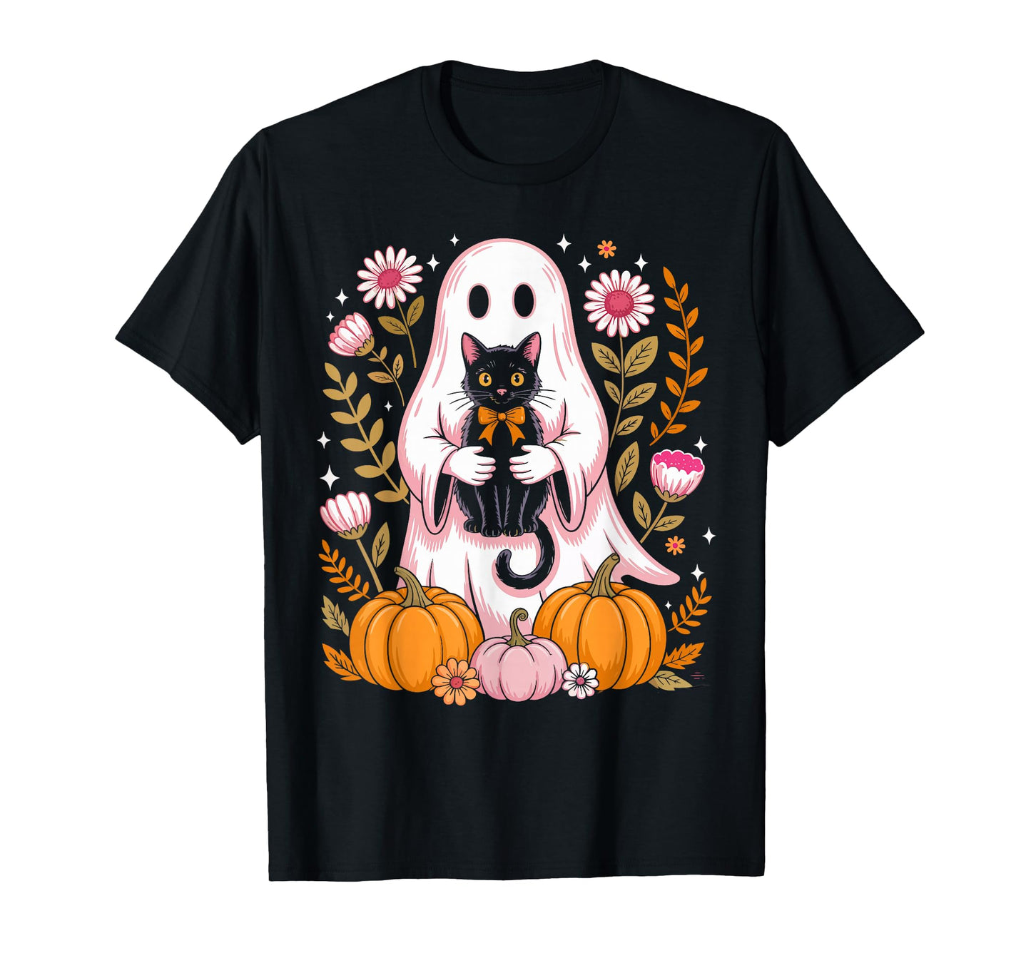 Cute Halloween Ghost Holding Black Cat Vintage Groovy Floral T-Shirt