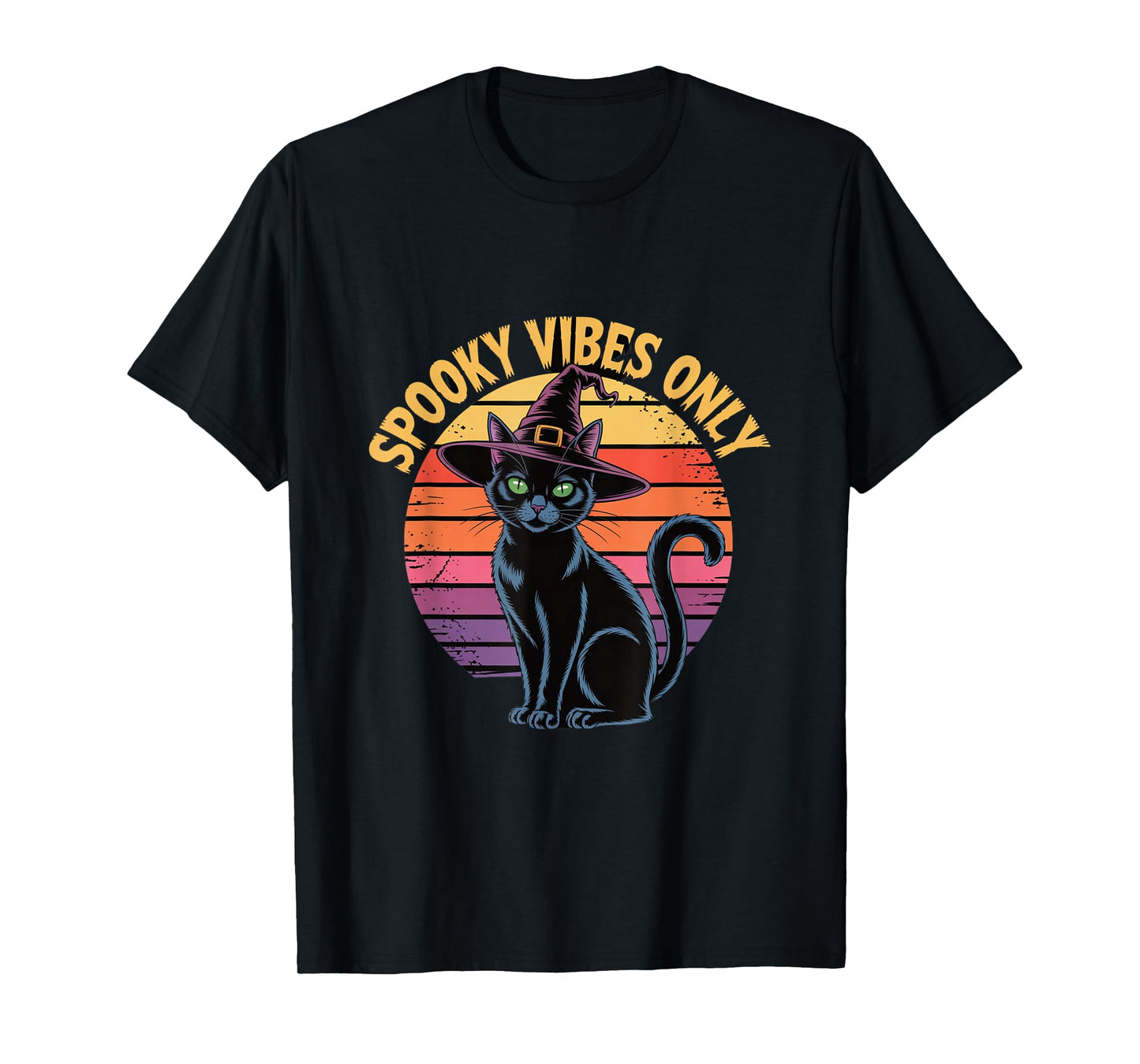 Spooky Vibes Only Cat Witch Hat Retro Sunset Halloween T-Shirt