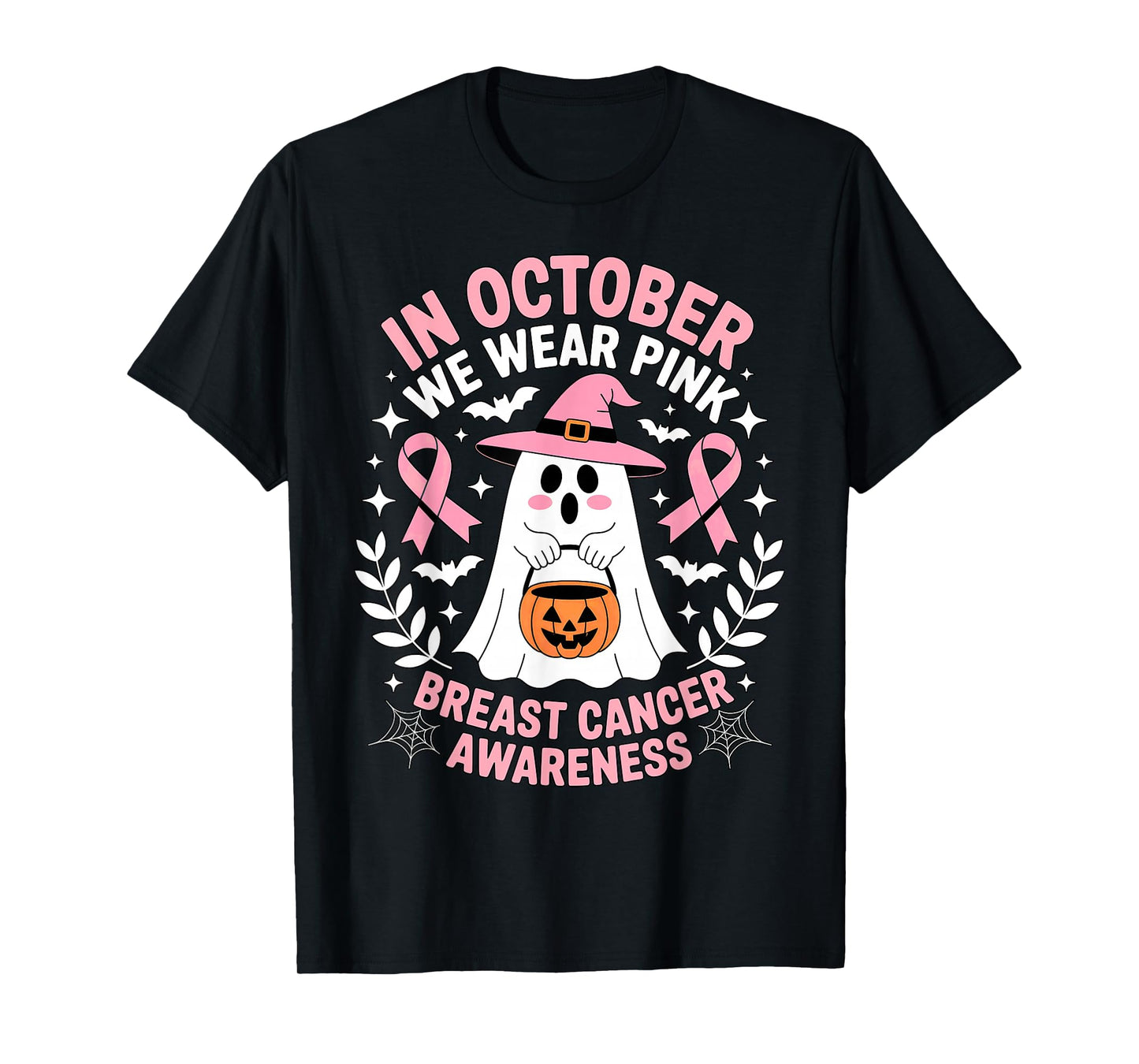 October Ghost Pink Witch Hat Breast Cancer Awareness T-Shirt
