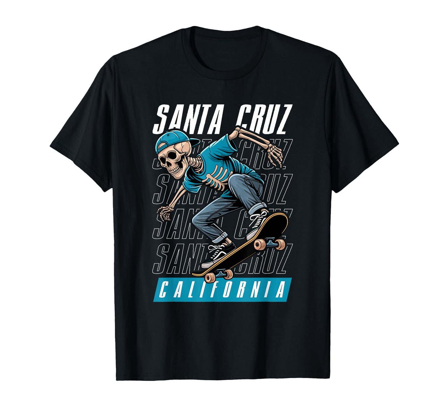 Santa Cruz California Tee, Skeleton in Hat Old School Skater T-Shirt