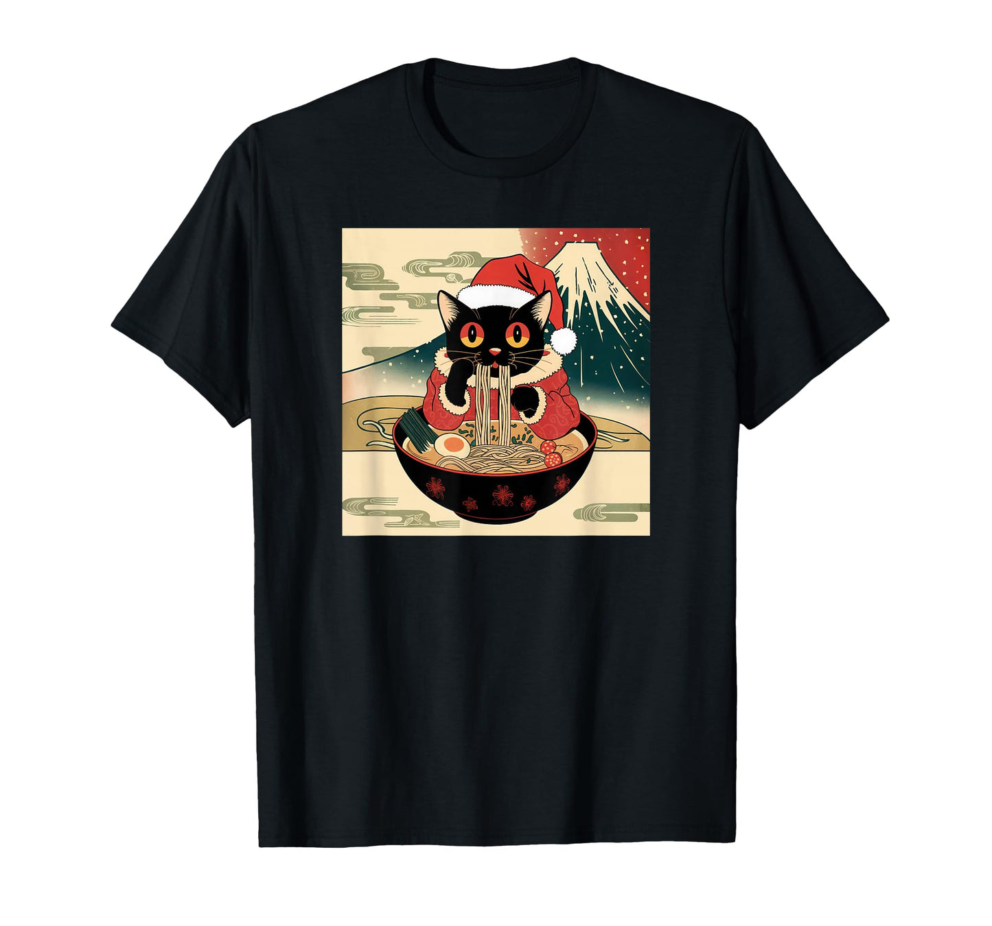 Santa Cat Eating Ramen Japanese Inspired Christmas T-Shirt