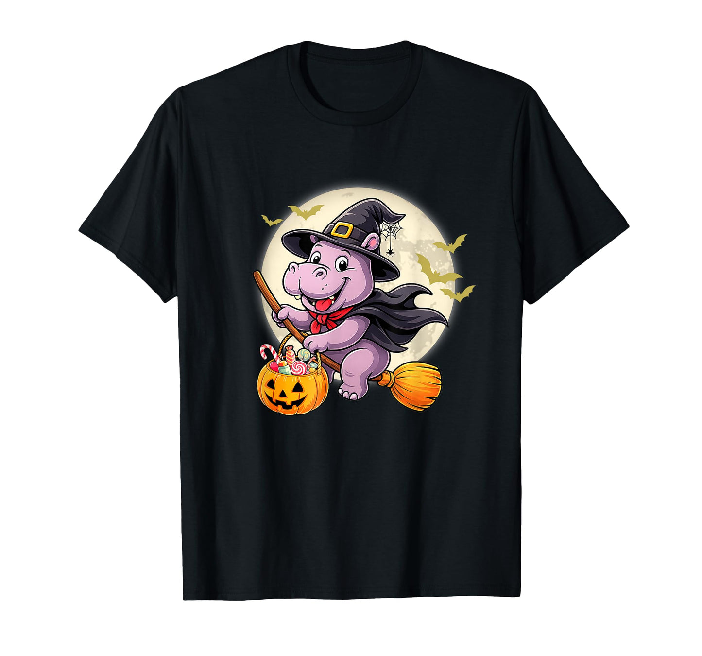 Hippo Witch Hat Riding Broom Halloween Funny Animal Lover T-Shirt
