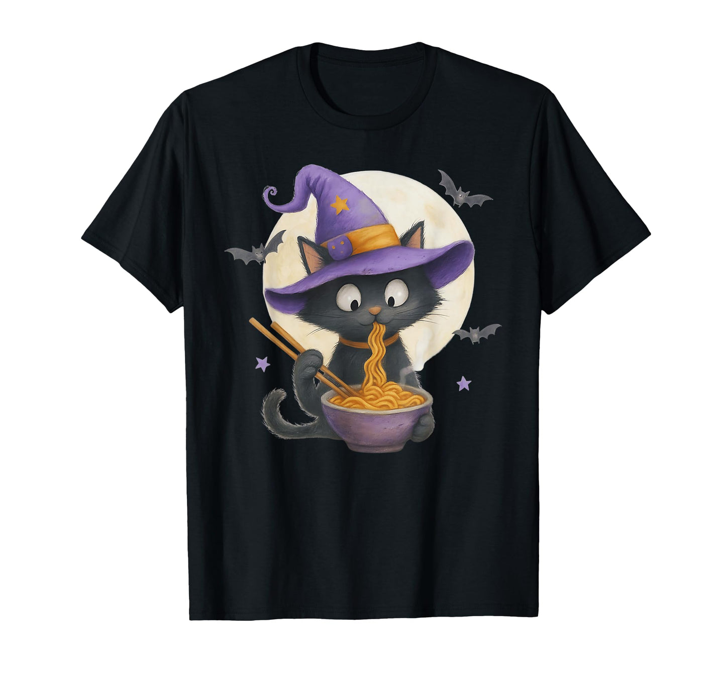 Halloween Spooky Kawaii Black Cat Witch Eating Ramen Noodles T-Shirt