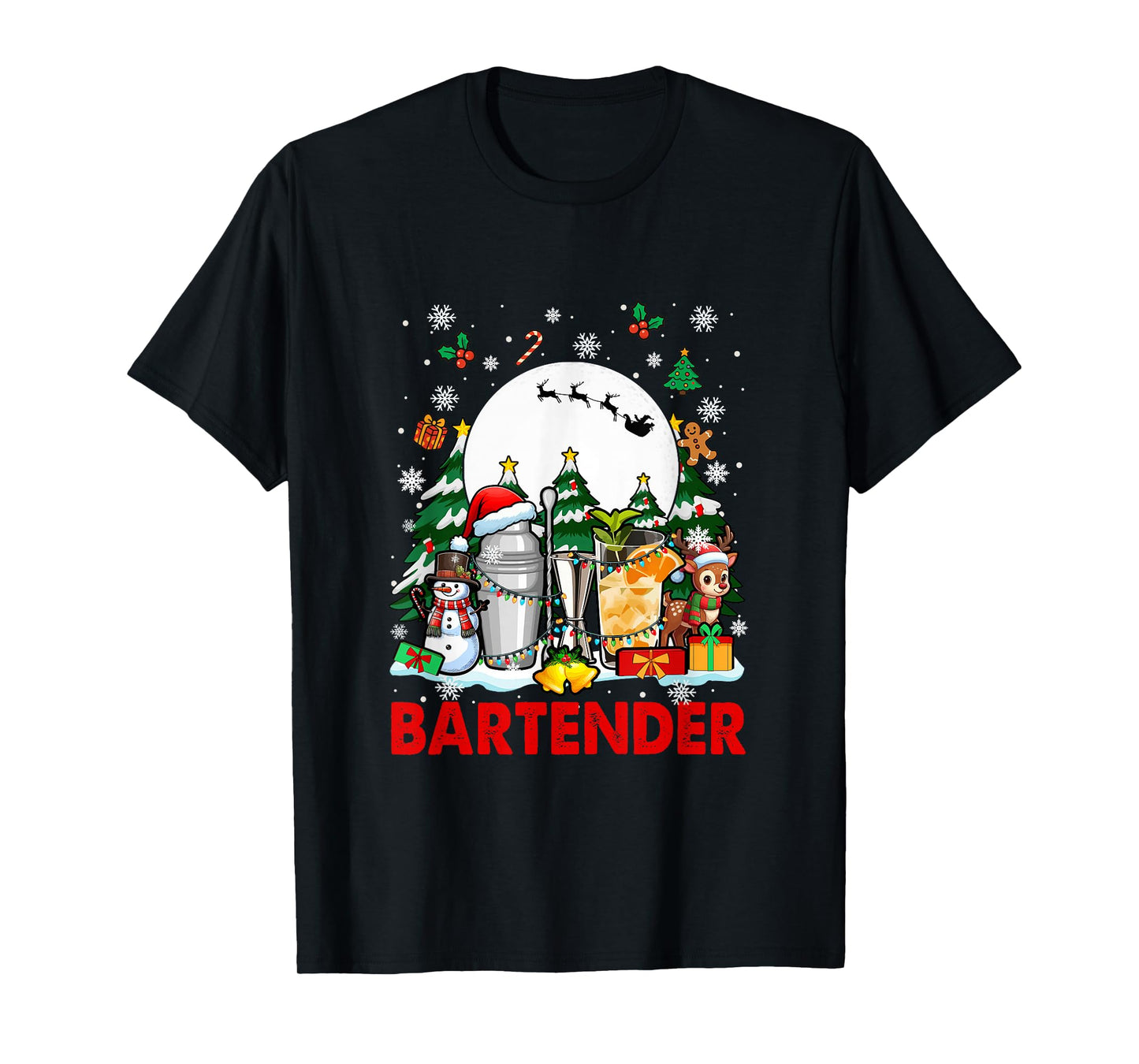 Bartender Job Tools Santa Snowmen Reindeer Christmas Trees T-Shirt