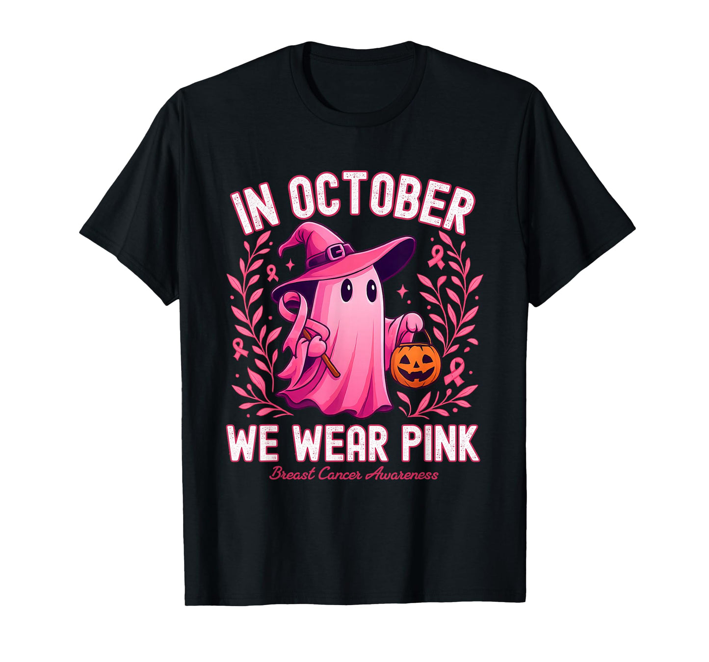 in October We Wear Pink Ghost Witch Design for Breast Cancer T-Shirt