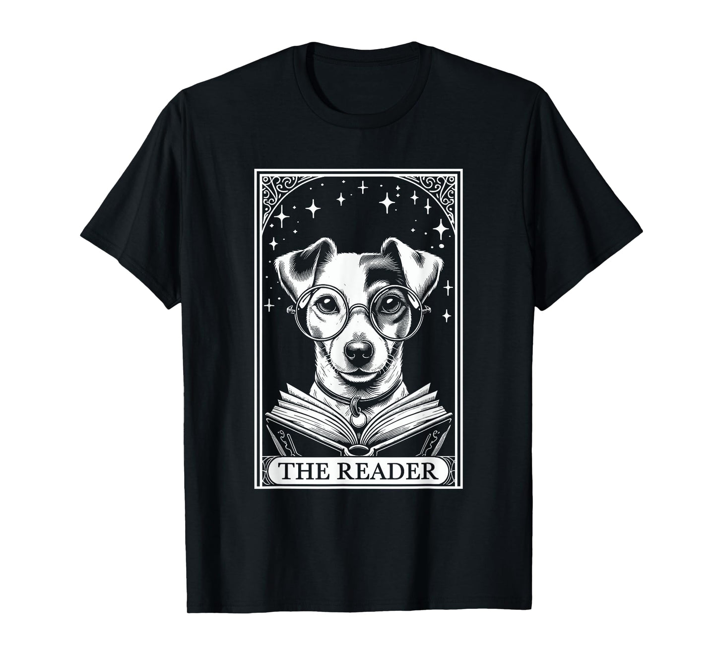 Retro Funny Jack Russell Dog Mom Reading Bookworm Tarot Card Jack Russell Terrier Book Lover T-Shirt - Unisex-Adults, Unisex-Kids - Black - Short Sleeve - Small