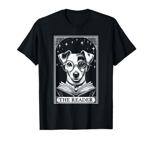 Retro Funny Jack Russell Dog Mom Reading Bookworm Tarot Card Jack Russell Terrier Book Lover T-Shirt - Unisex-Adults, Unisex-Kids - Black - Short Sleeve - Small