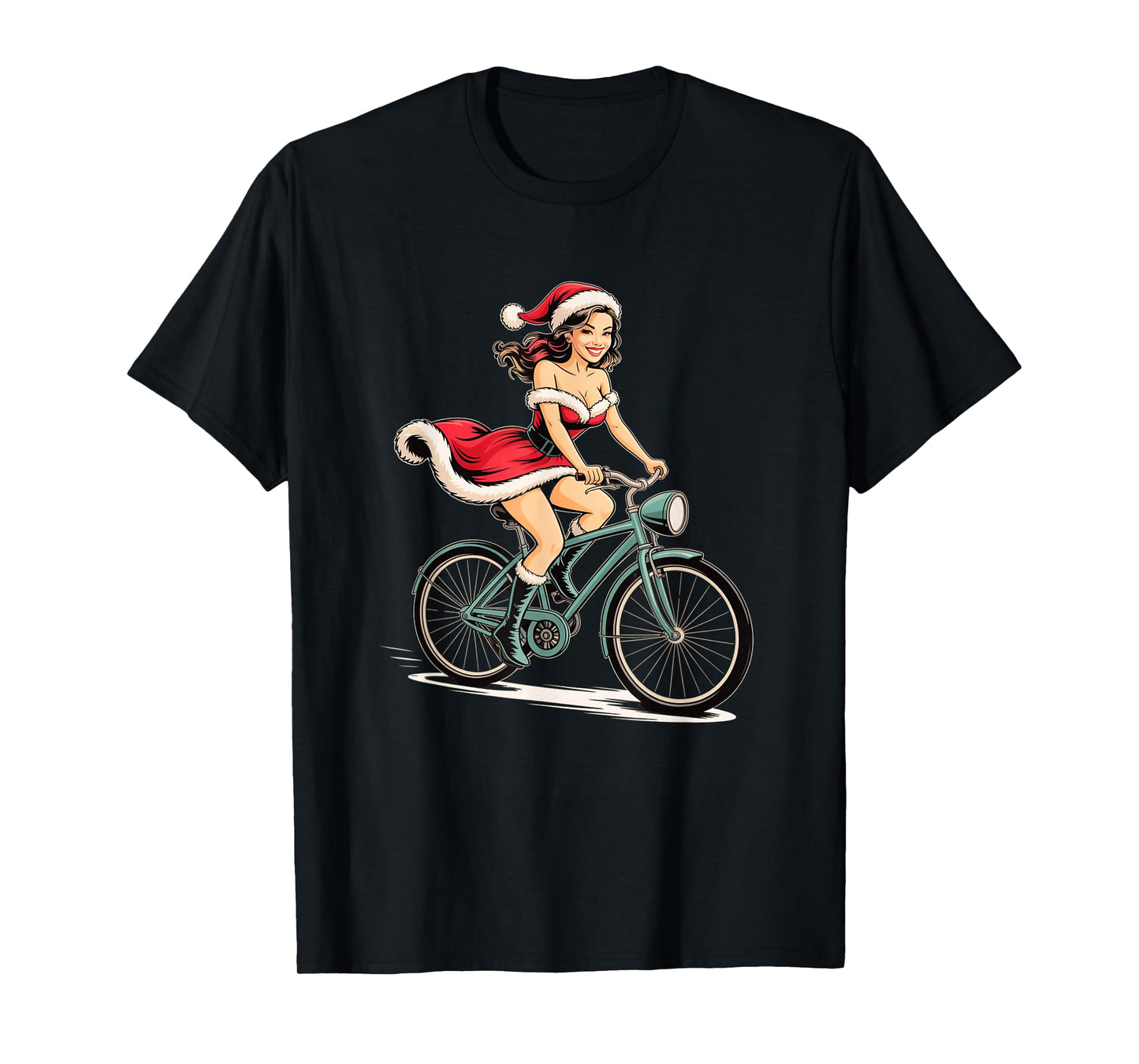 Pinup Christmas Santa Girl on Bicycle Vintage Retro Holiday T-Shirt