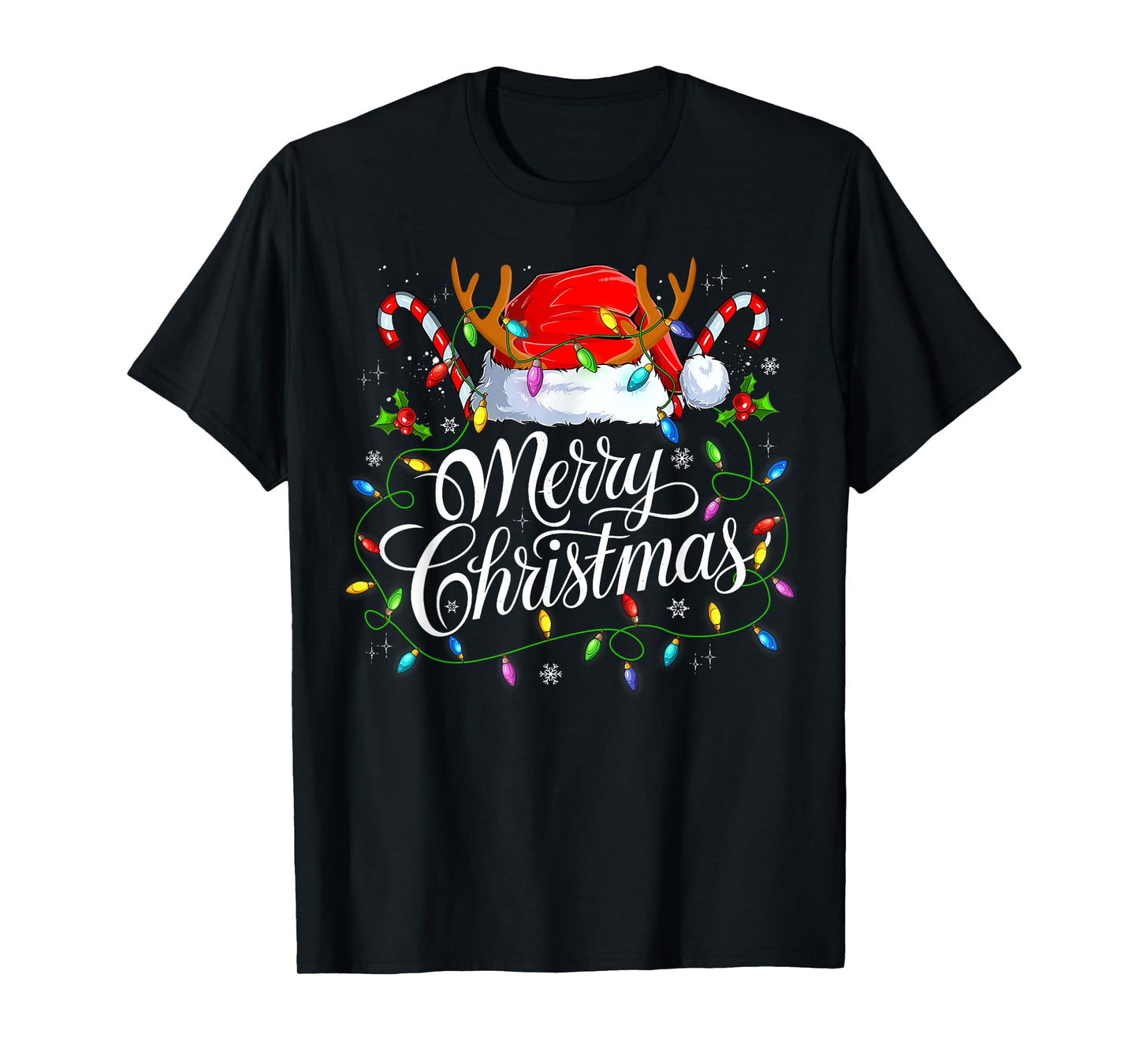 Merry Christmas Xmas Lights Santa Hat Candy Cane Holiday T-Shirt