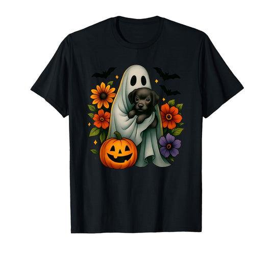 Floral Ghost Black Dog Coquette Funny Halloween Design T-Shirt