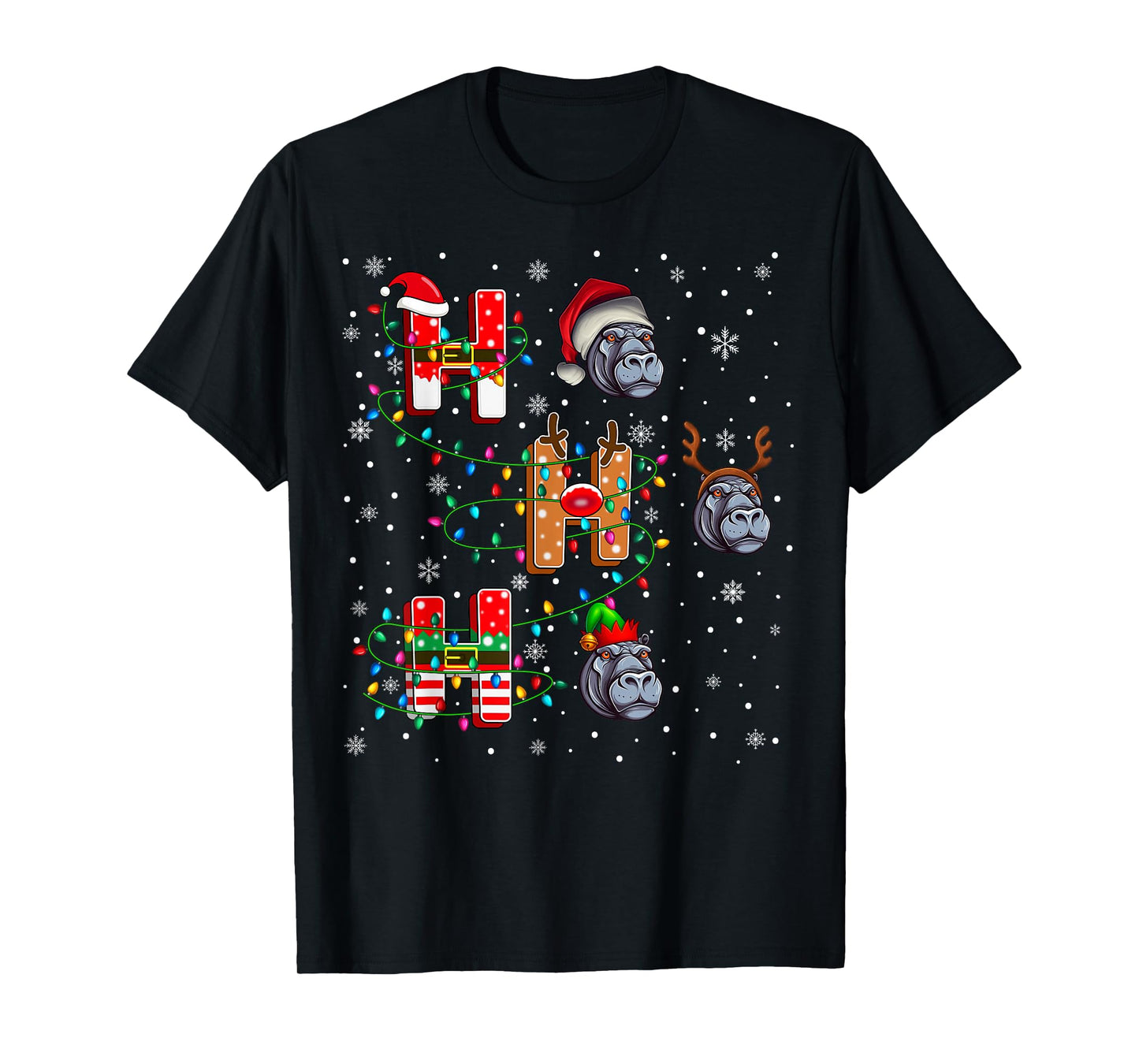 Ho Ho Ho Santa Reindeer Elf Hippopotamus Animal Christmas T-Shirt