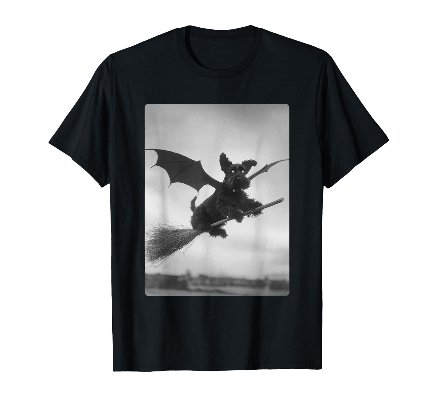 Gothic Schnauzer Witch Broom Bat Wings Spooky Halloween Dog T-Shirt