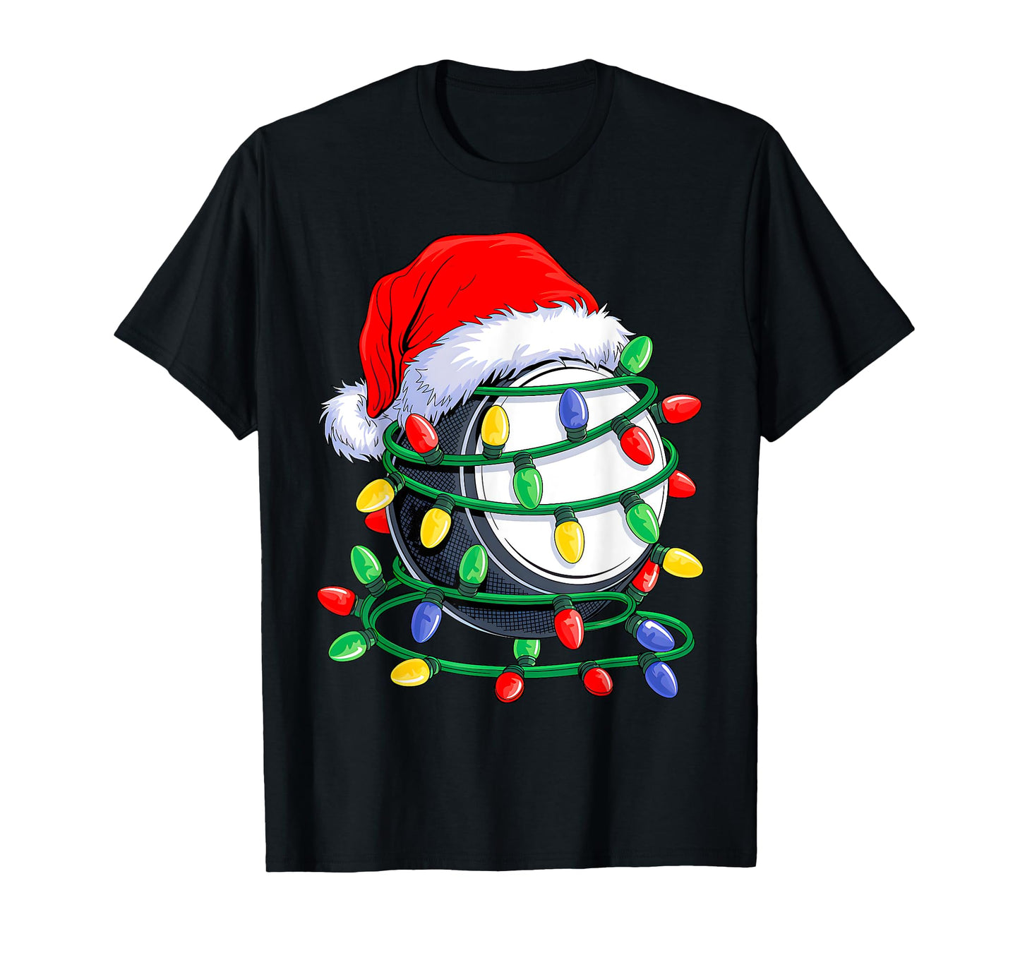 Hockey Santa Hat Christmas Squad Hockey Lover Xmas Lights T-Shirt