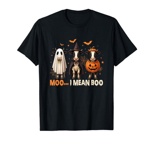 Funny Cow Ghost Witch Pumpkin Moo I Mean Boo Halloween T-Shirt
