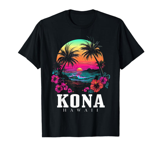 Kona Hawaii Hawaiian Hibiscus Flowers Surfer Souvenir T-Shirt