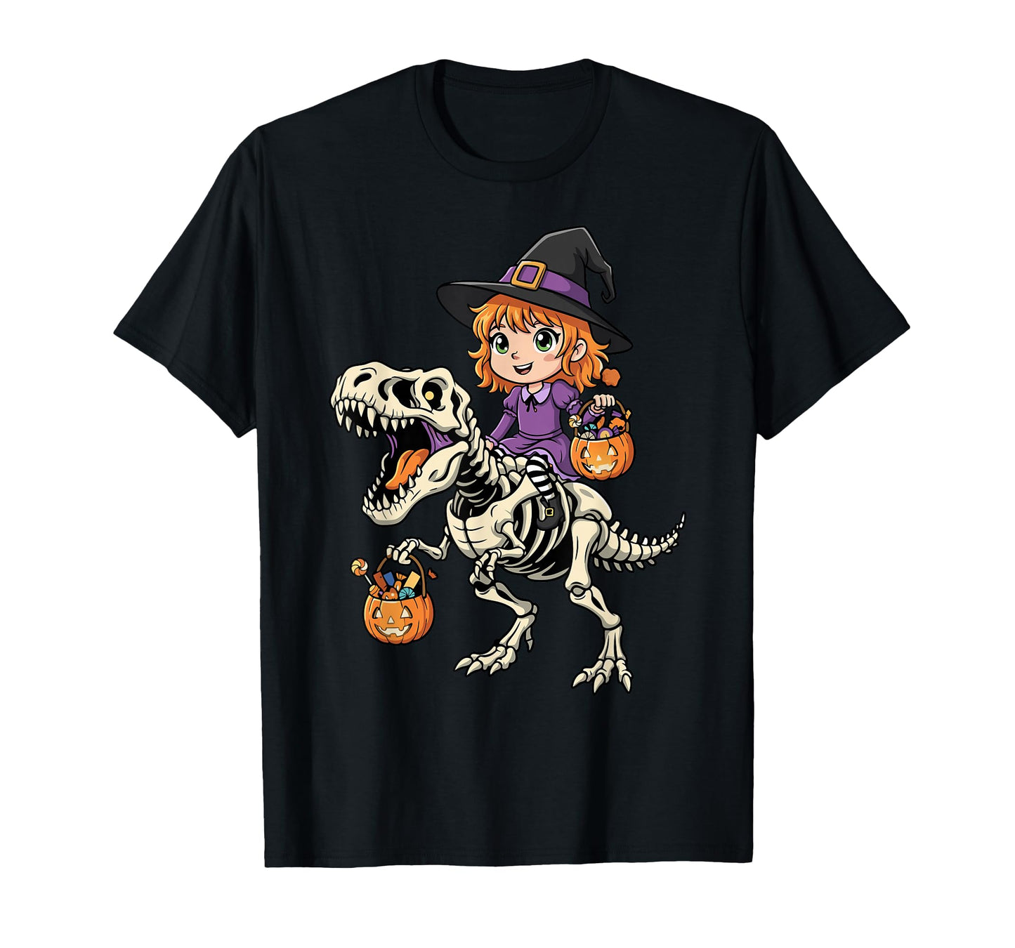 Witch Riding Skeleton T-Rex Funny Halloween Dinosaur T-Shirt