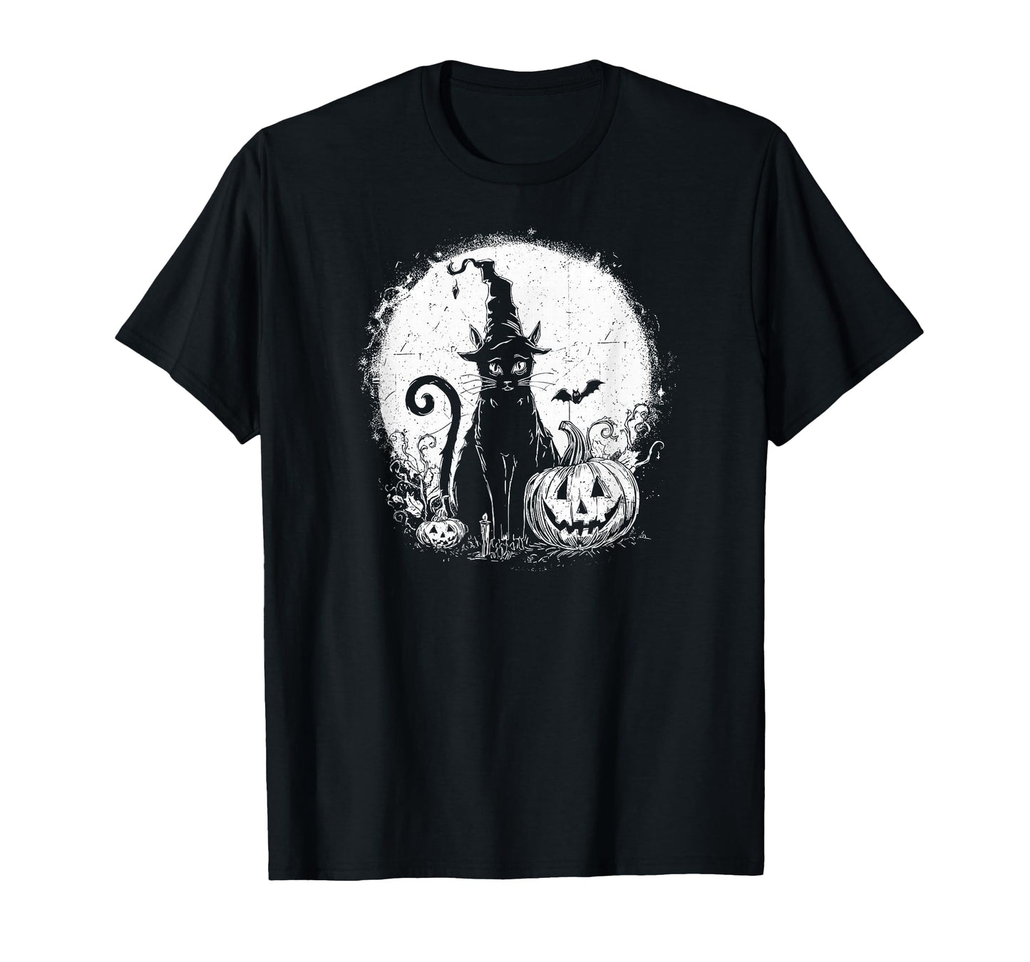 Spooky Witch Cat, Black Hat, Carved Pumpkin and Full Moon T-Shirt