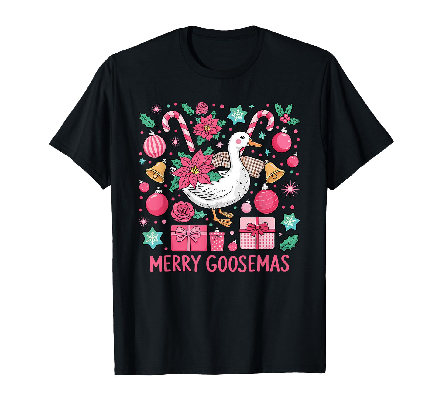 Merry Goosemas Pink Goose Santa Hat Lights Stars Christmas T-Shirt