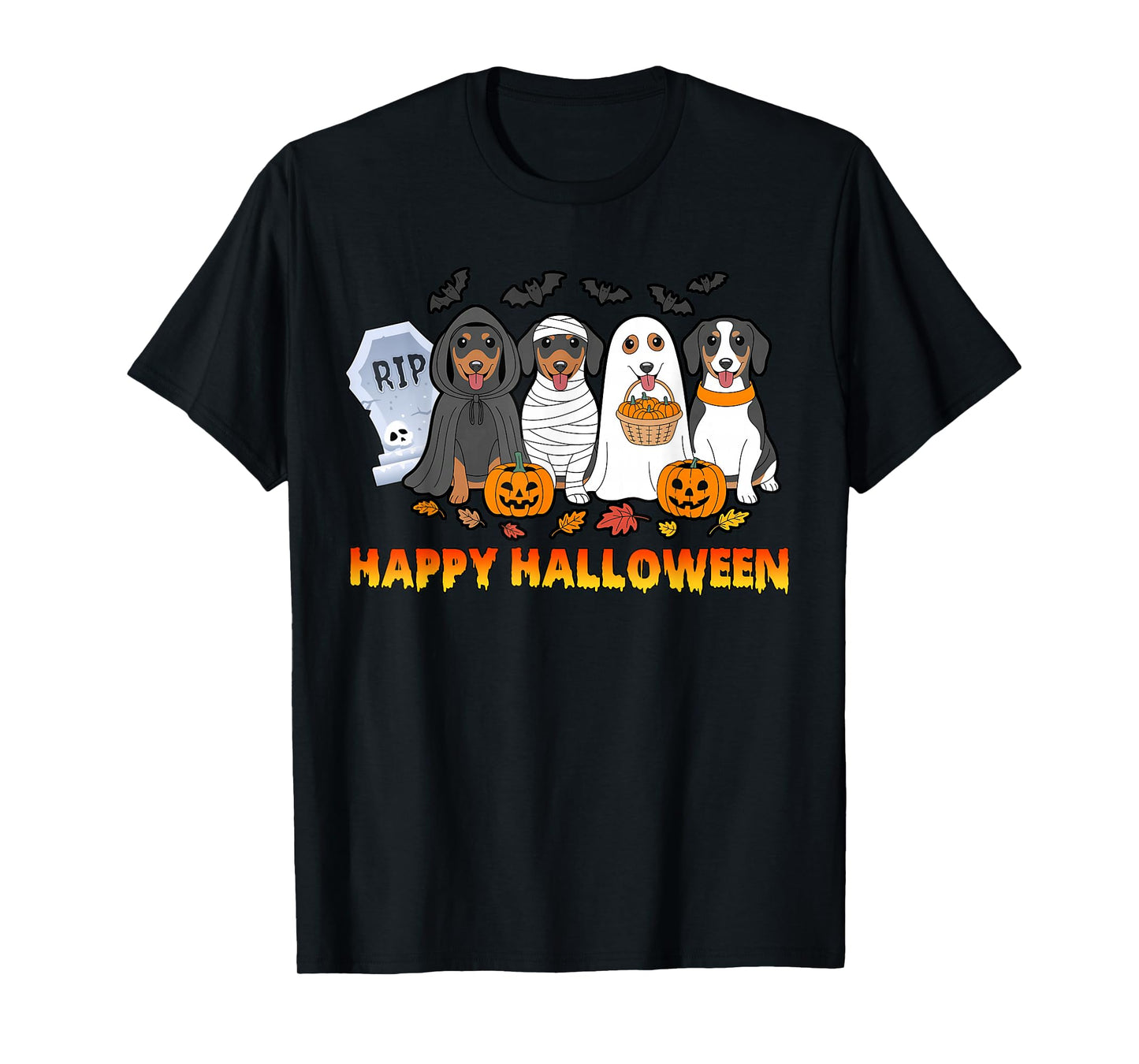 Ghost Witch Pumpkin Four Dachshund Dogs Lovers Halloween T-Shirt