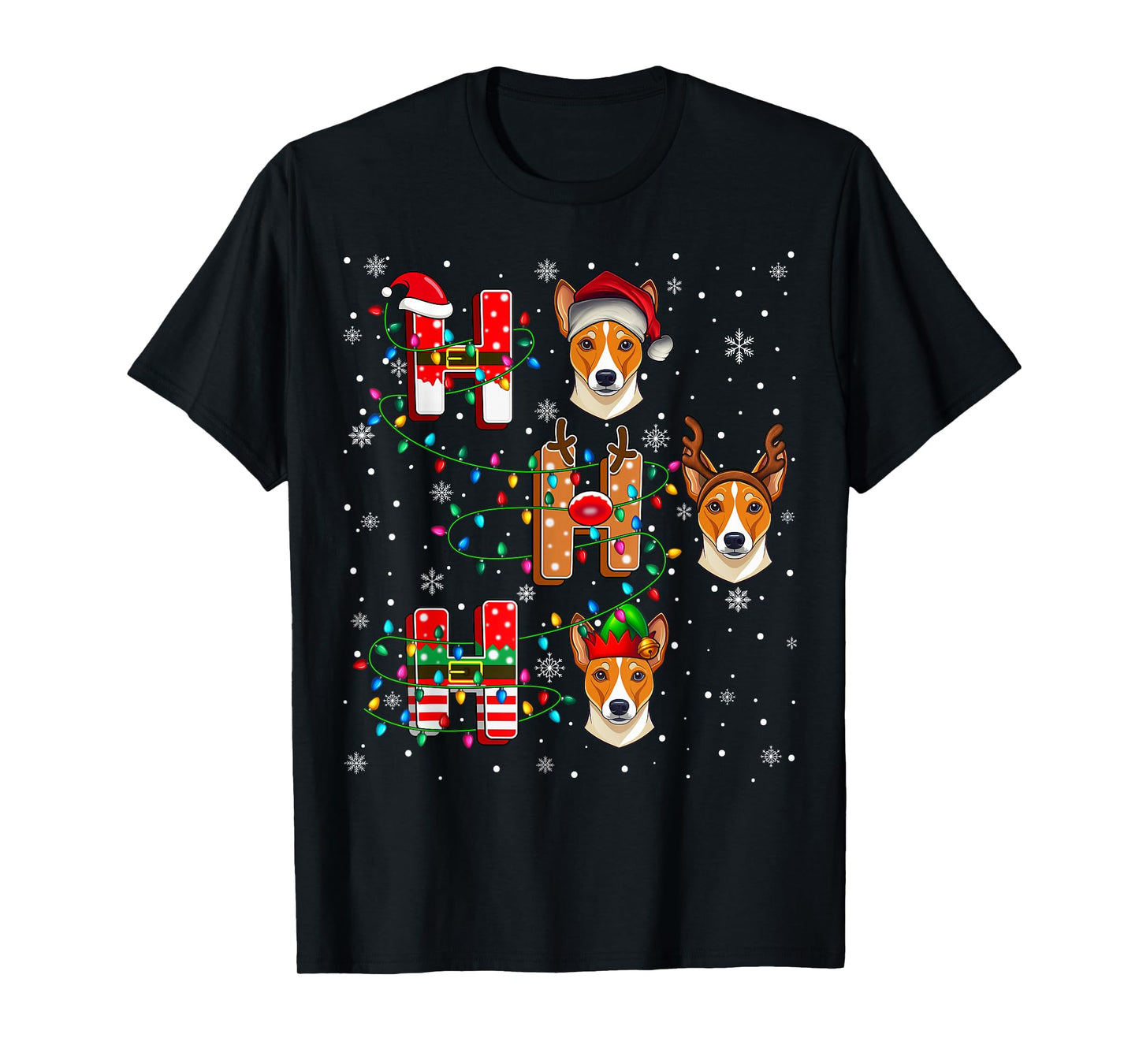 Ho Ho Ho Santa Reindeer Hat Elf Matching Basenji Dog Xmas T-Shirt