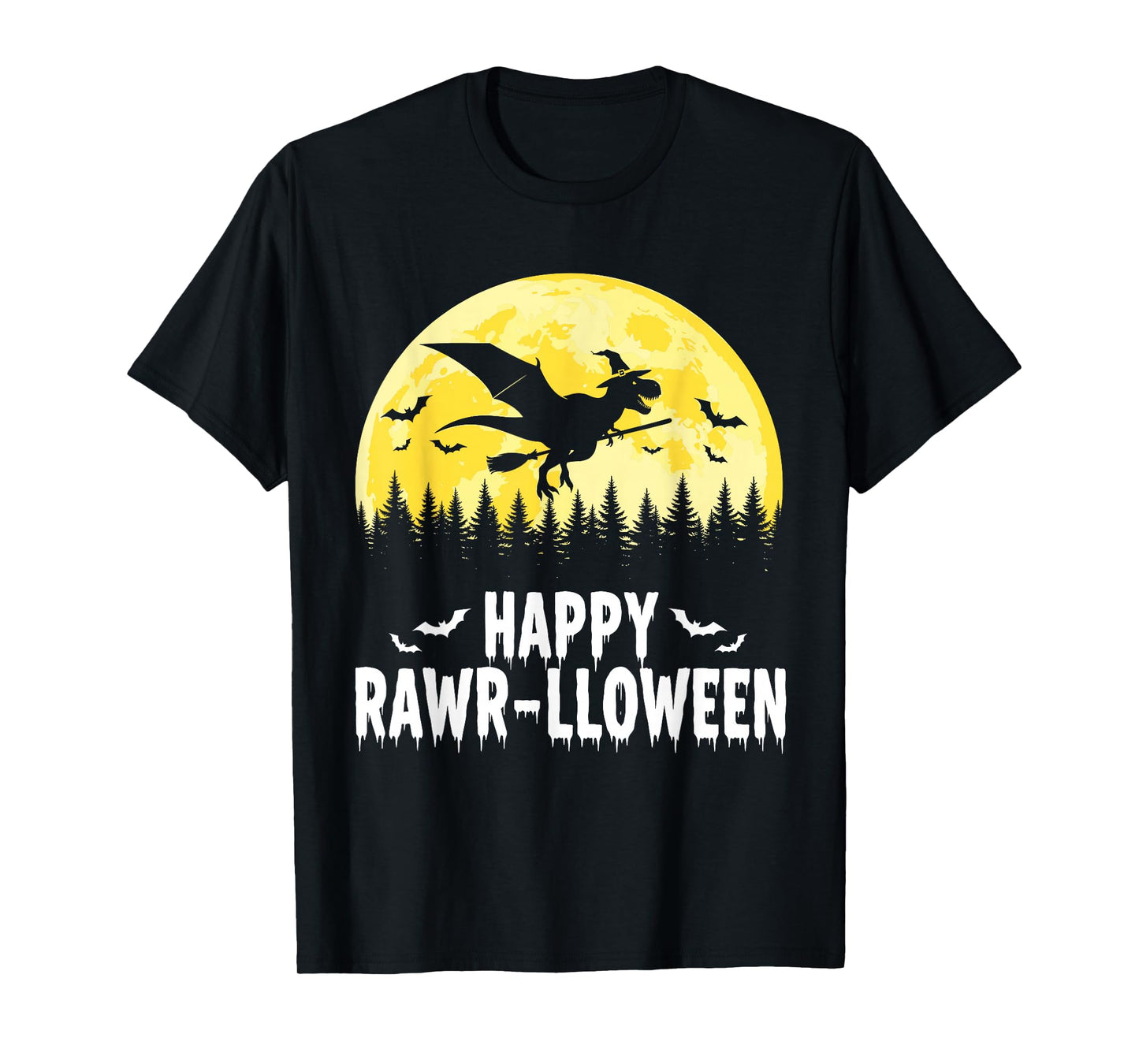 Happy Rawr-lloween Funny Halloween T Rex Flying Witch T-Shirt