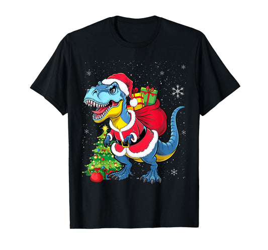 Dinosaur Christmas Santa Claus T-rex Boys Men Funny Xmas T-Shirt