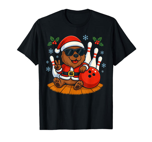 Cute Santa Capybara Bowling Christmas Funny Holiday Vibes T-Shirt