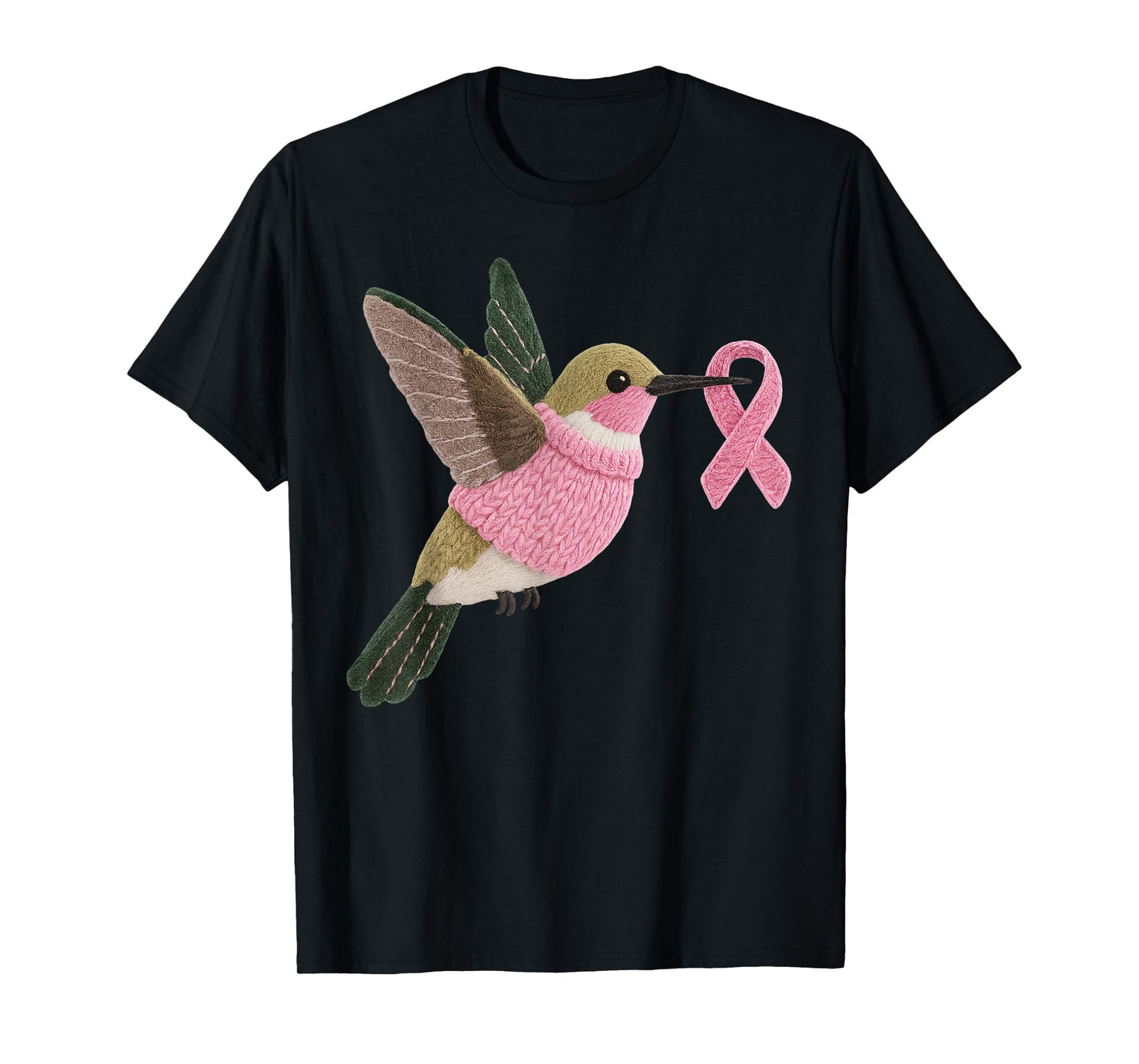 Hummingbird Pattern Felt Art Pink Ribbon Breast Cancer T-Shirt