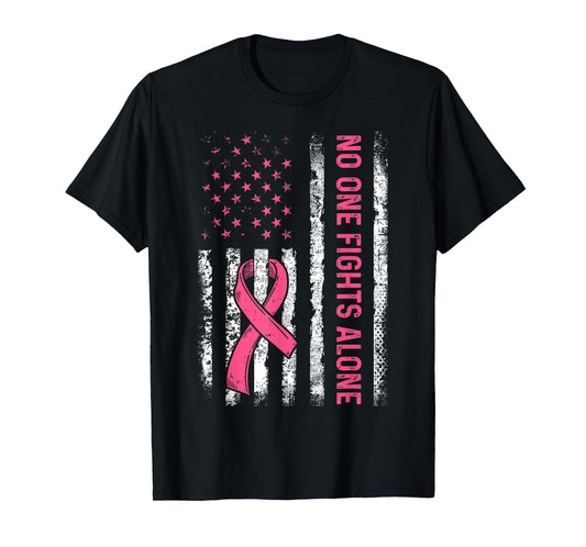 No One Fights Breast Cancer Alone American Flag Pink Ribbon T-Shirt