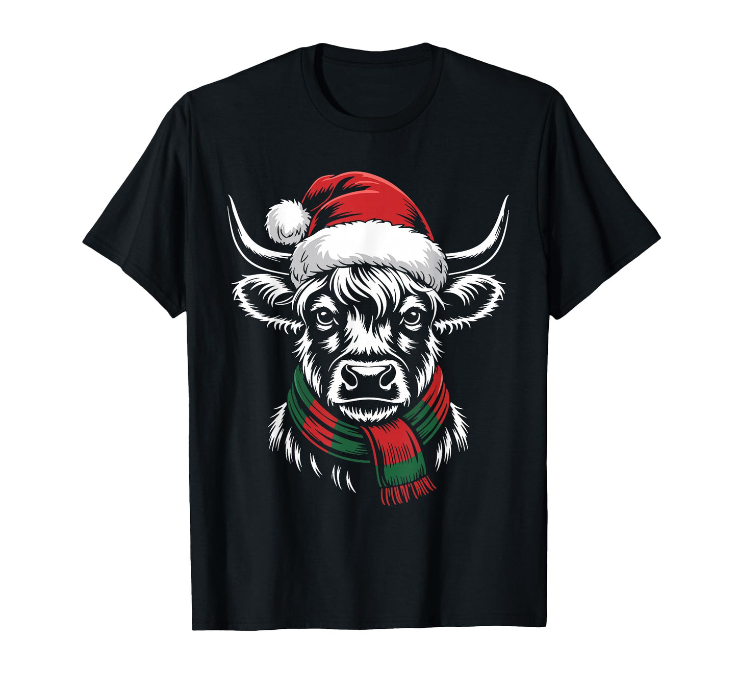 Highland Cow Xmas Santa Hat Scarf Christmas Costume T-Shirt