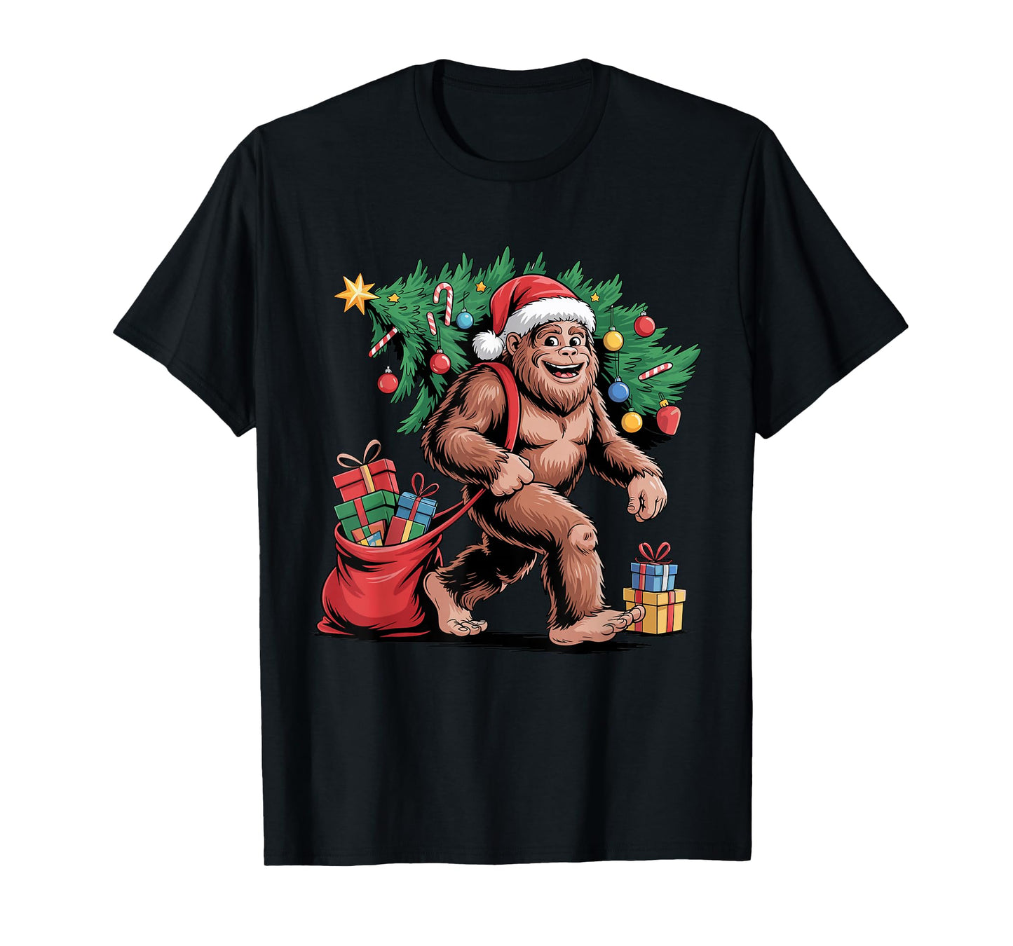 Santa Bigfoot Christmas Tree Funny Sasquatch Holiday Xmas T-Shirt