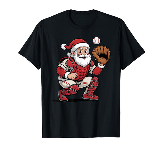 Santa Baseball Catcher Christmas Graphic Boys Kids Teens T-Shirt