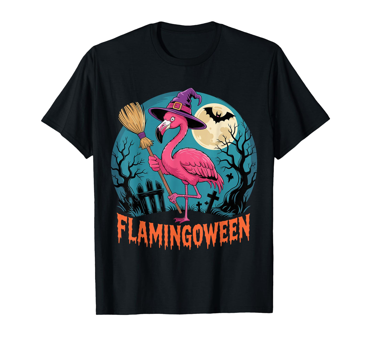 Pink Flamingo Witch Under Spooky Halloween Moon T-Shirt