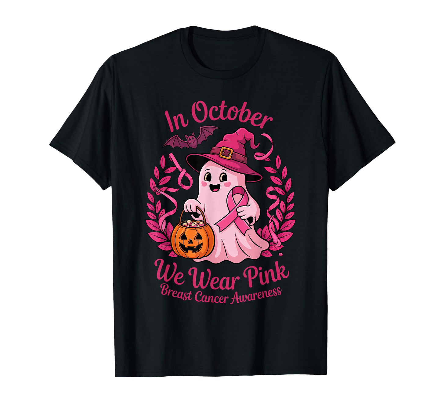 in October We Wear Pink Breast Cancer Ghost Witch Awareness T-Shirt