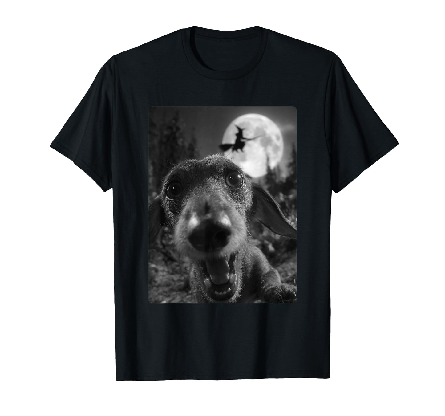 Funny Dachshund Selfie Full Moon Flying Witch Halloween Dog T-Shirt