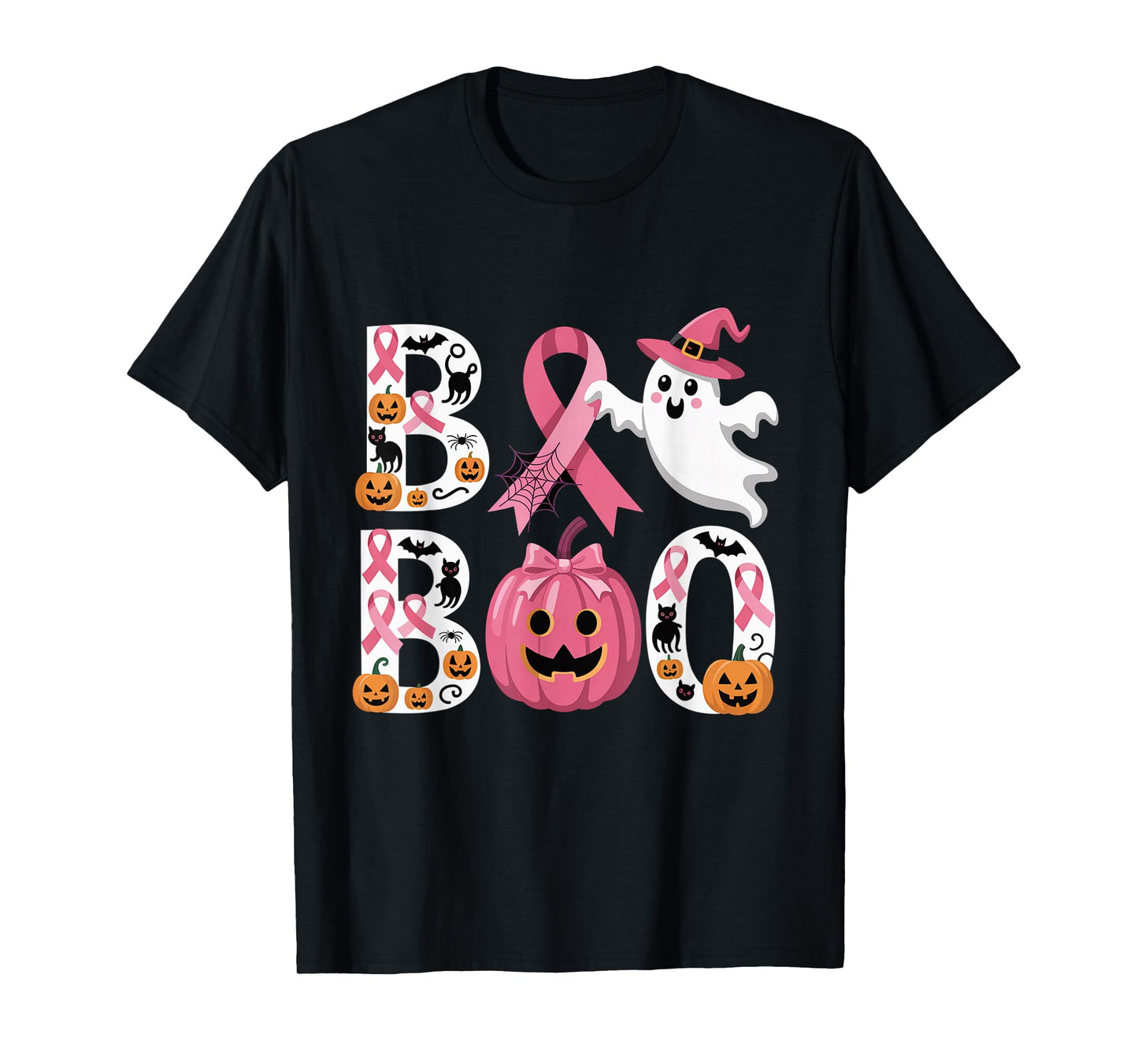 Boo Halloween Pumpkin Pink Ribbon Witch Cancer Awareness T-Shirt
