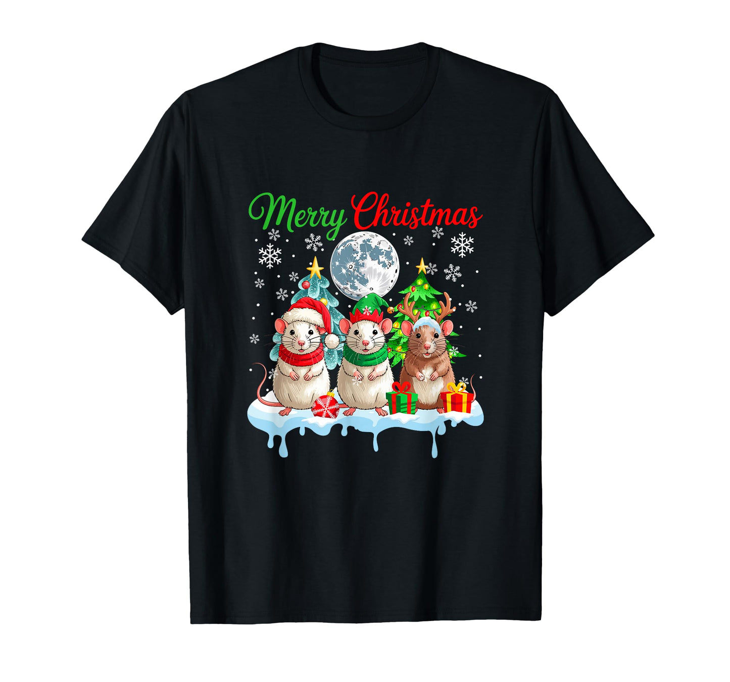 Merry Christmas Three Santa Elf Reindeer Rats Rodent T-Shirt
