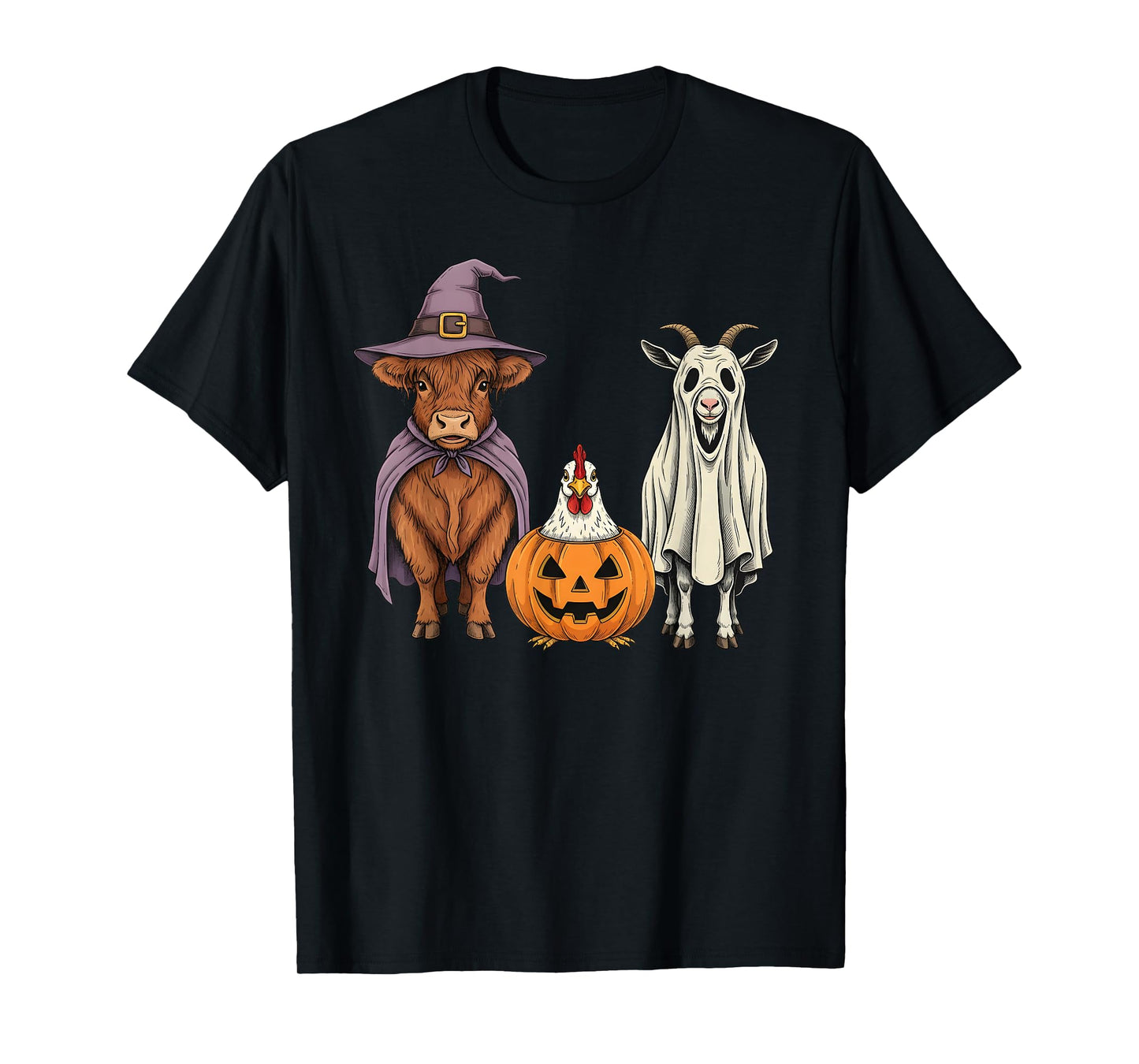 Spooky Ghost Highland Cow Chicken Goat Pumpkin Halloween T-Shirt