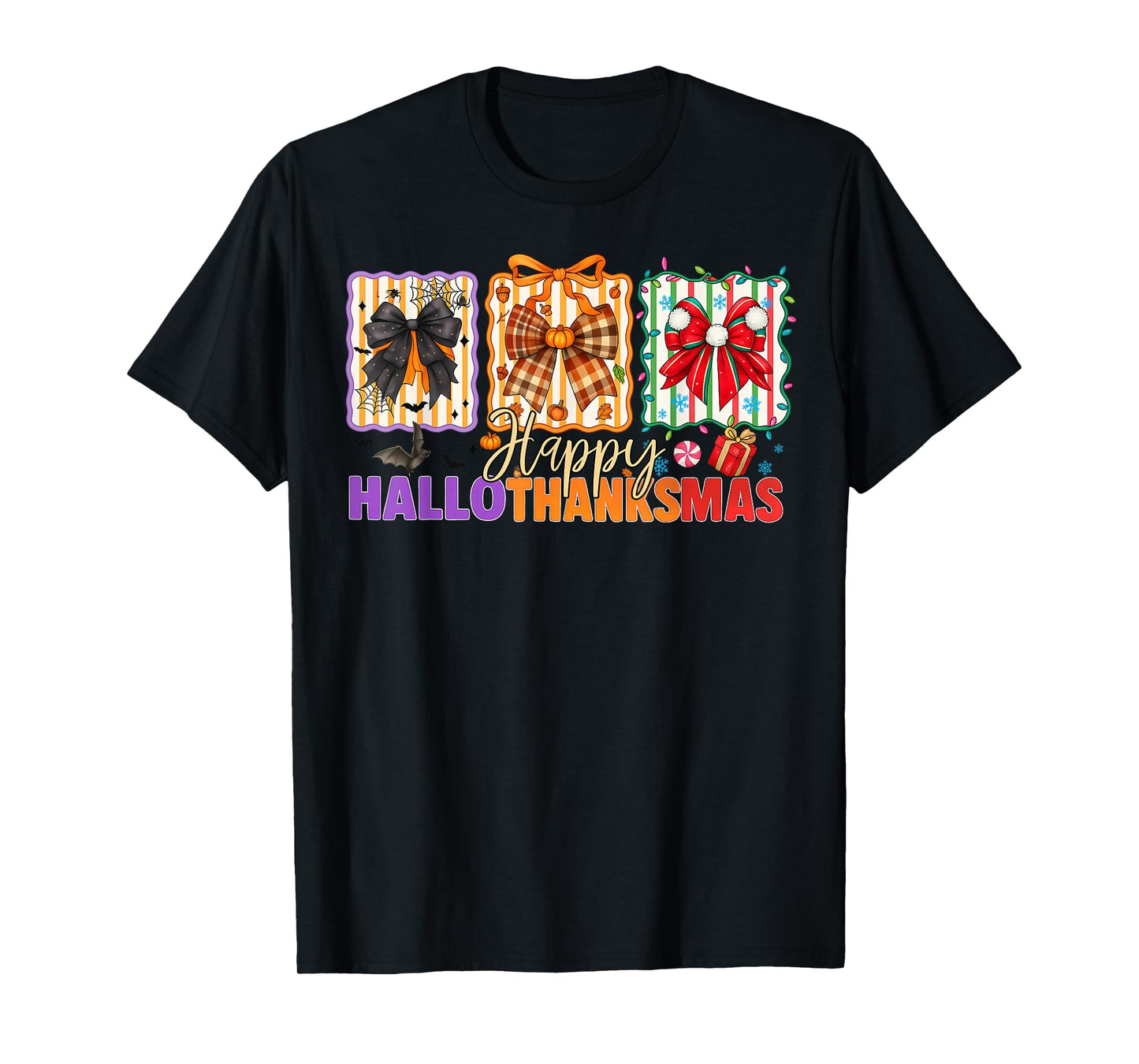 Bows Halloween Thanksgiving Christmas Happy HalloThanksMas T-Shirt