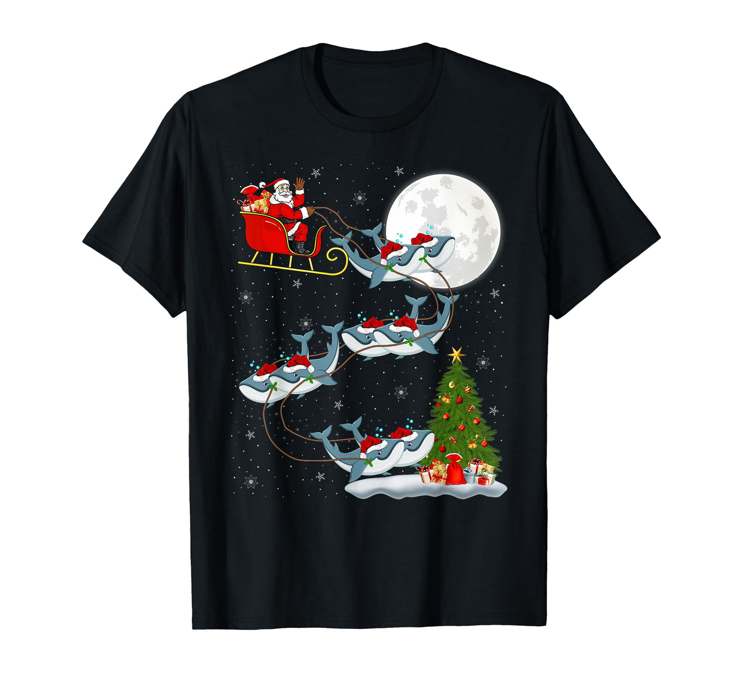 Whale Santa Sleigh Flying Funny Magical Christmas T-Shirt