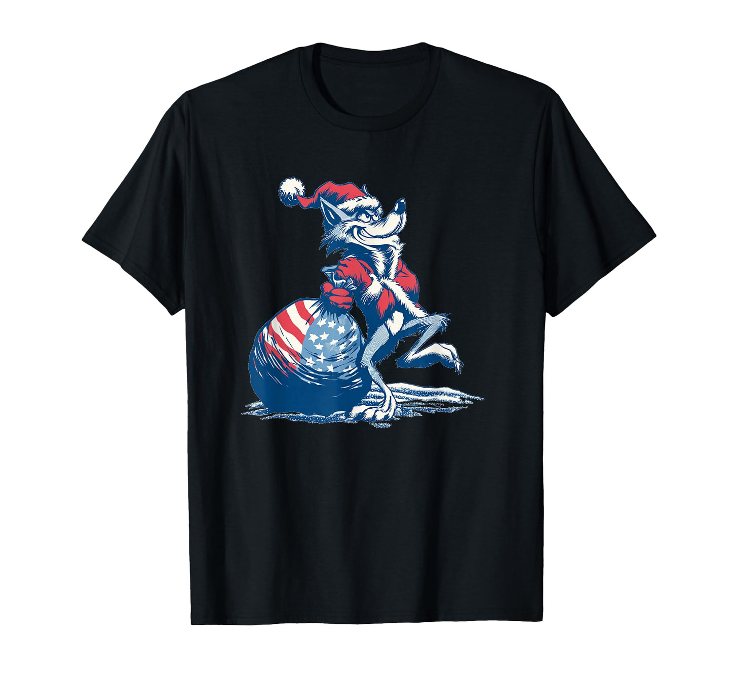 Funny Wolf in Christmas Mood with Santa Claus Bag Costume T-Shirt