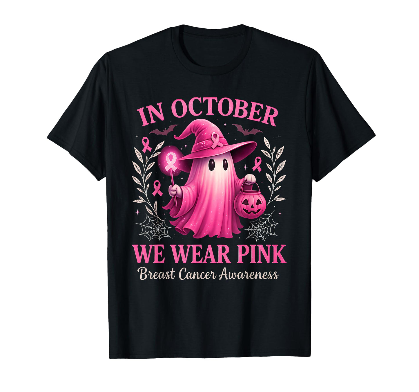 in October We Wear Pink Breast Cancer Awareness Halloween T-Shirt