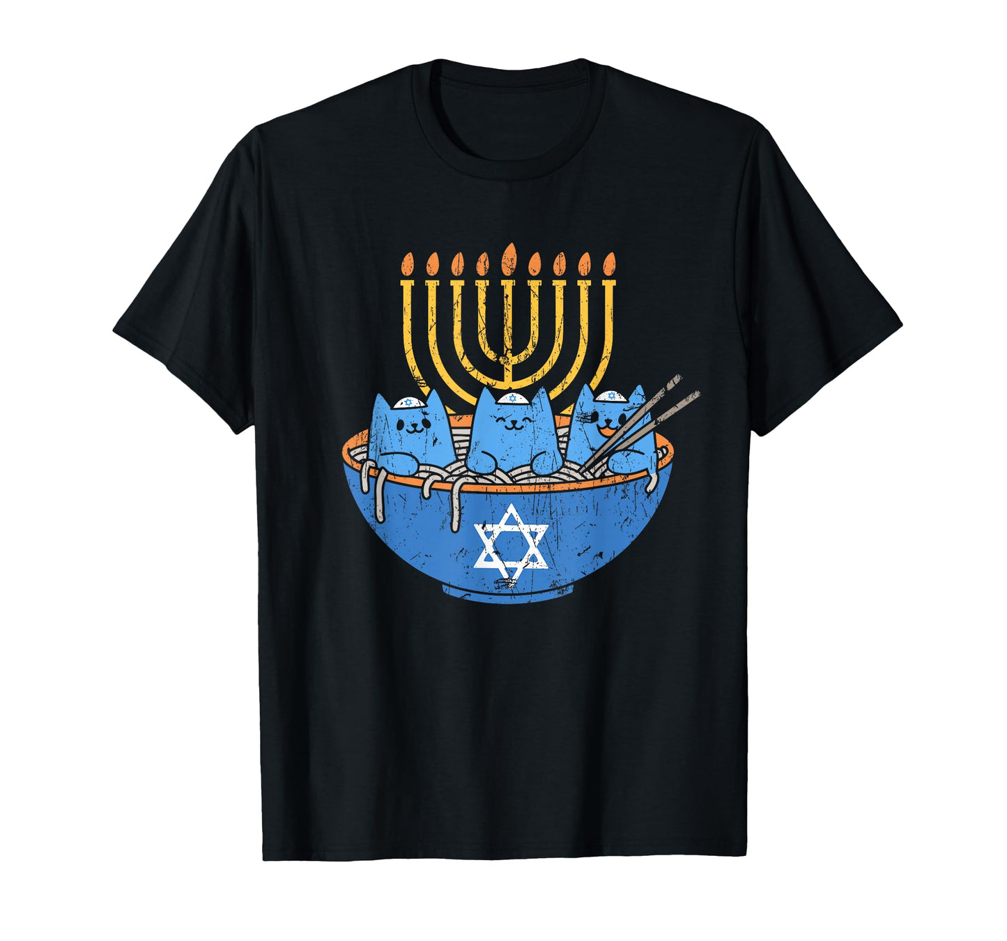 Chanukah Lover Hanukkah Gifts Jewish Cats Ramen Kitten Anime Hanukkah T-Shirt - Unisex-Adult, Anime, Cat Lovers, Families - Black, Small, Short Sleeve, T-Shirt