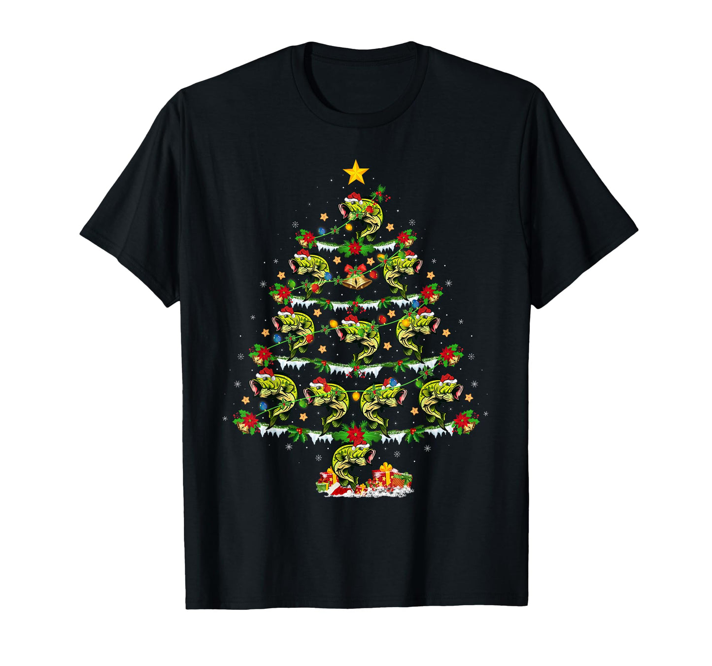 Bass Fish Christmas Tree Lights Funny Bass Fish Fishing Xmas T-Shirt