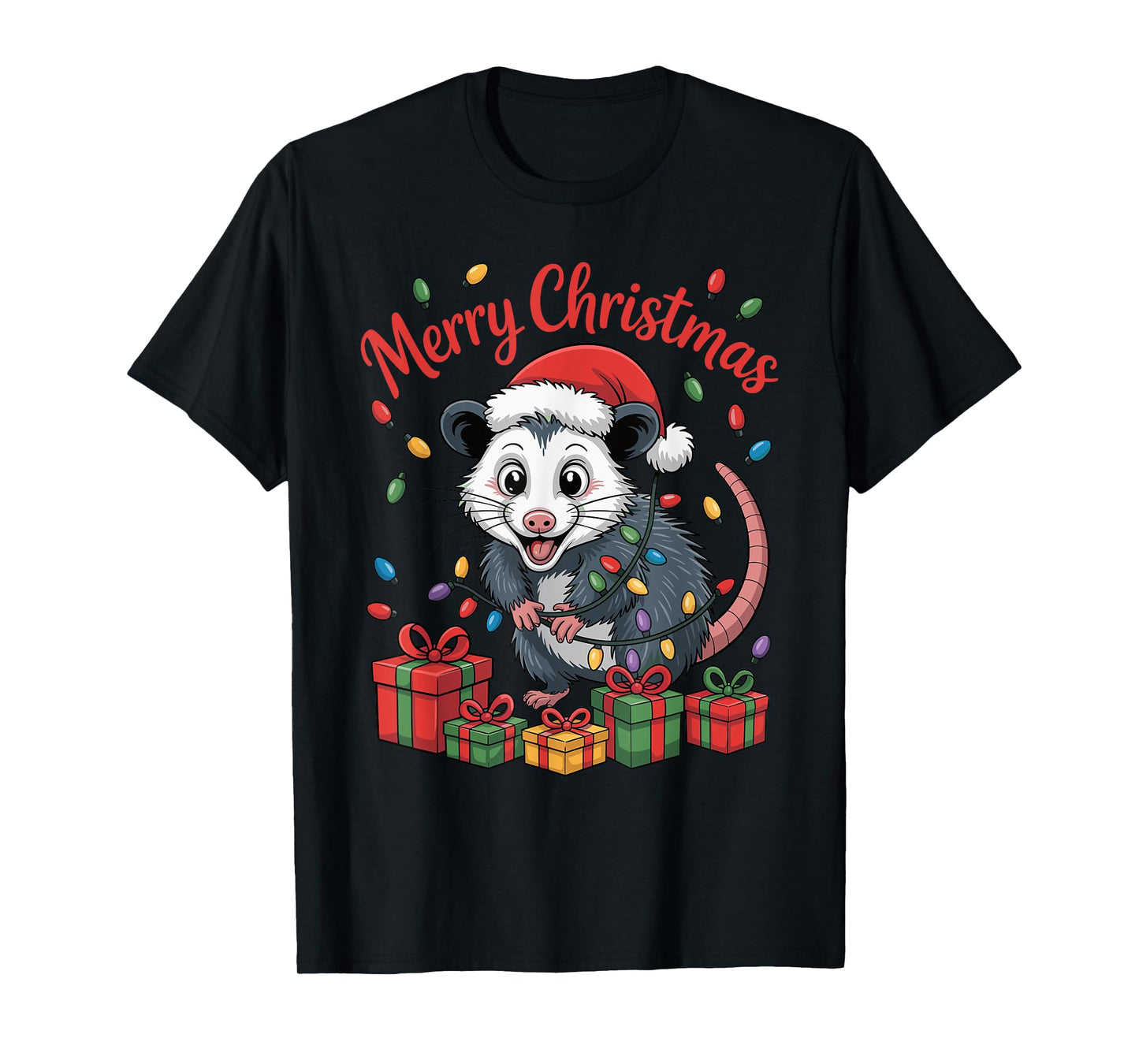 Funny Opossum Santa Hat Animals Lovers Ugly Christmas Pajama T-Shirt